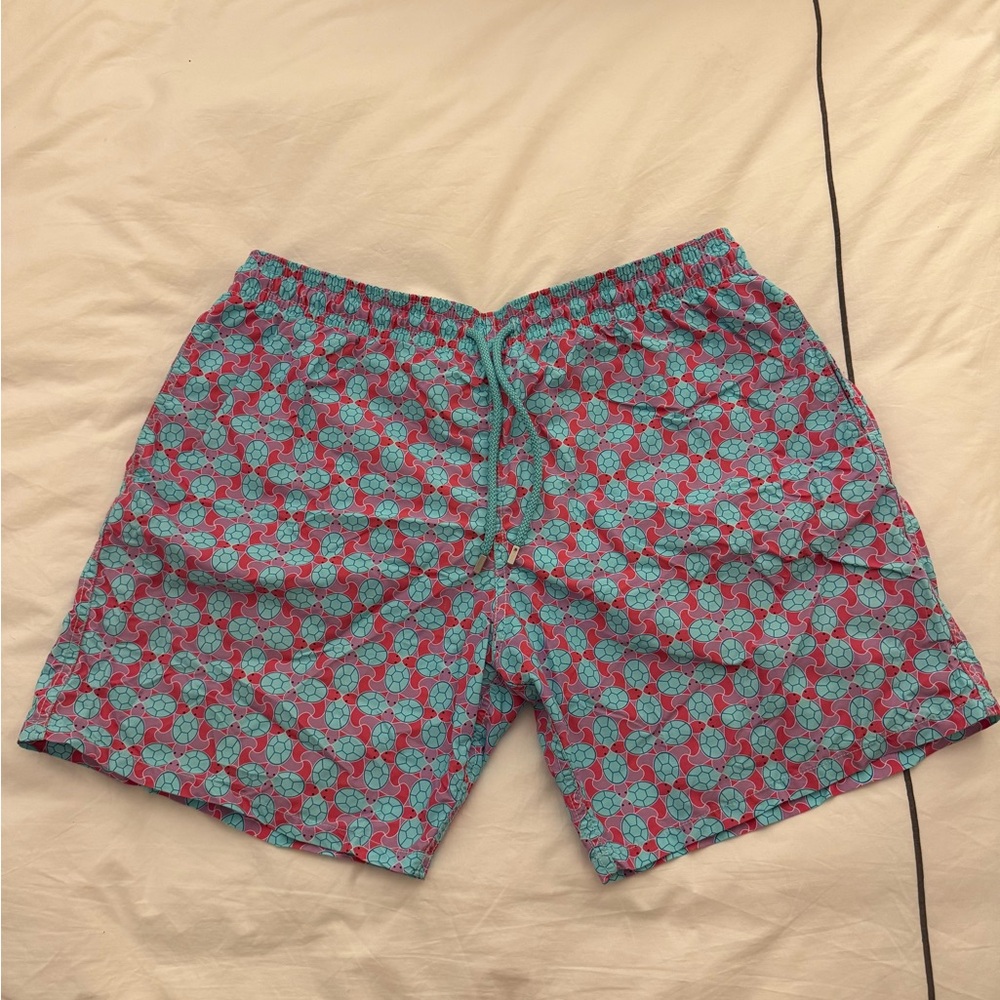 Vilebrequin Turtle Pattern Swim Shorts in Red and Teal